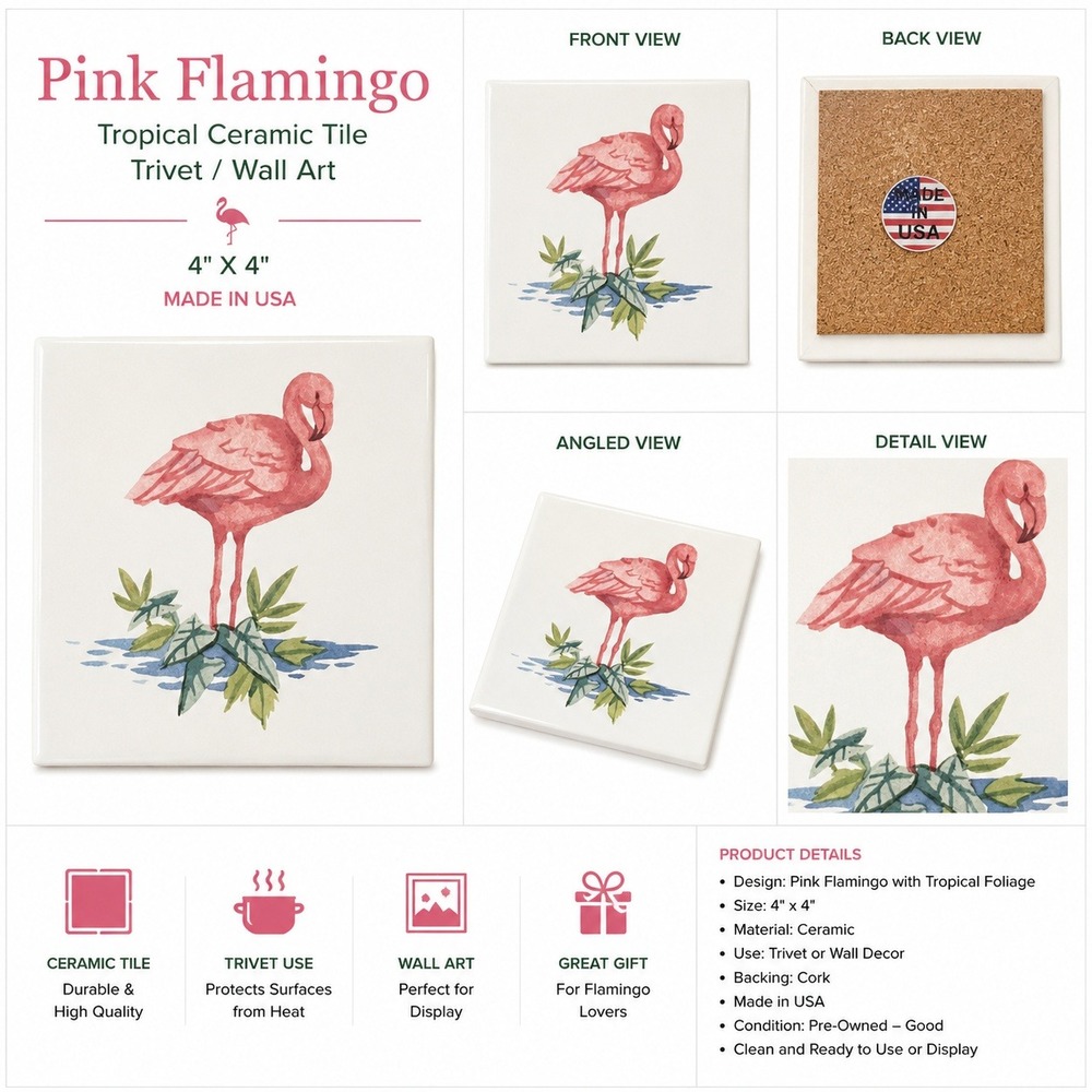 Pink Flamingo Tropical Ceramic Tile Trivet Wallβ Art 4" X 4" USA Pink White New